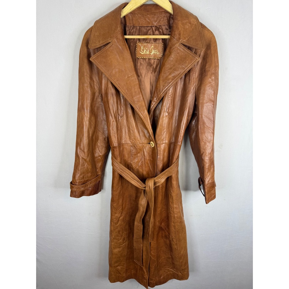 Vintage 70s Skin Gear Leather Trench Coat Cognac Brown Belted Jacket Women S